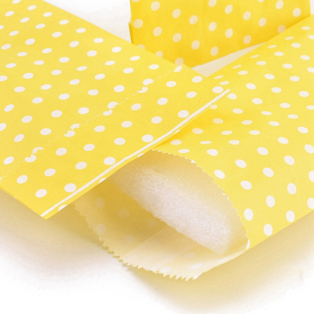 Pochette cadeau papier kraft, jaune et pois blanc, 15x8.3 cm x10 pièces