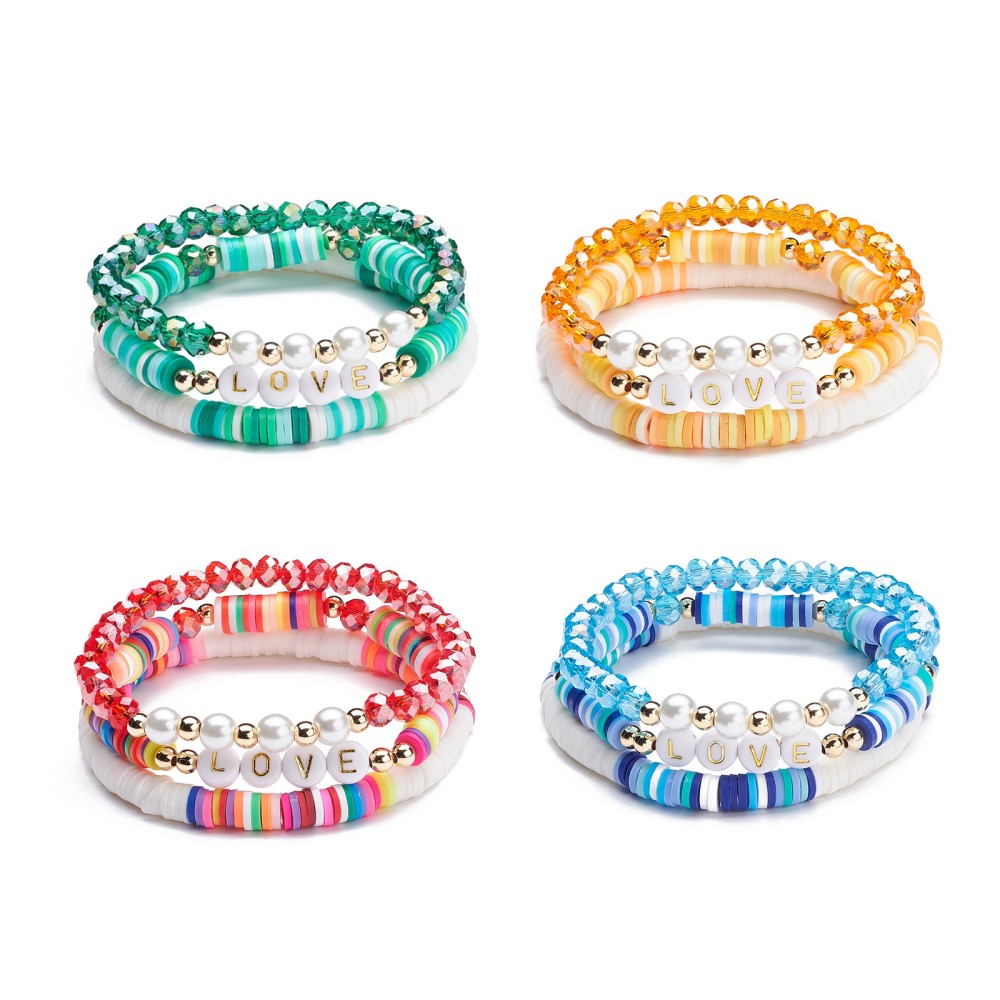Lot de 3 bracelets fantaisie, perles polymère et heishis, différents coloris