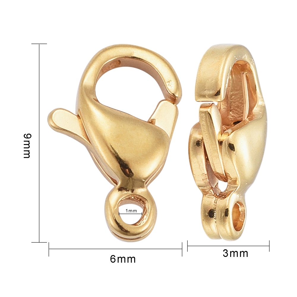 [X-STAS-H353-A-02G] Fermoirs homard INOX doré, placage ionique, 9x6x3mm, trou 1mm, x 10 pièces