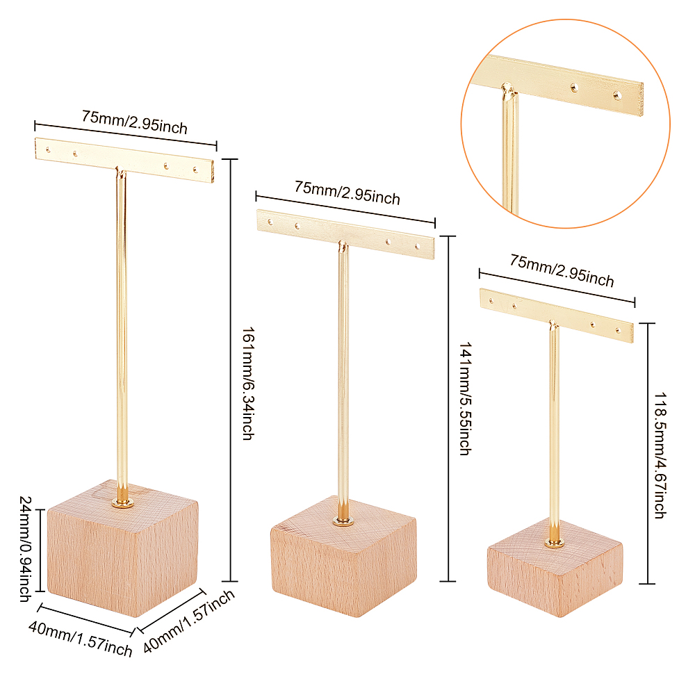 Présentoir boucle d'oreille, lot de 3, base carrée bois, 3 hauteurs : 12,14 et 16cm