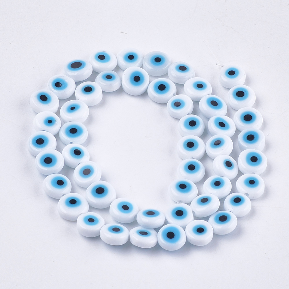 Perle plate ronde, mauvais oeil, 8x4mm, trou 1mm, 2 coloris au choix