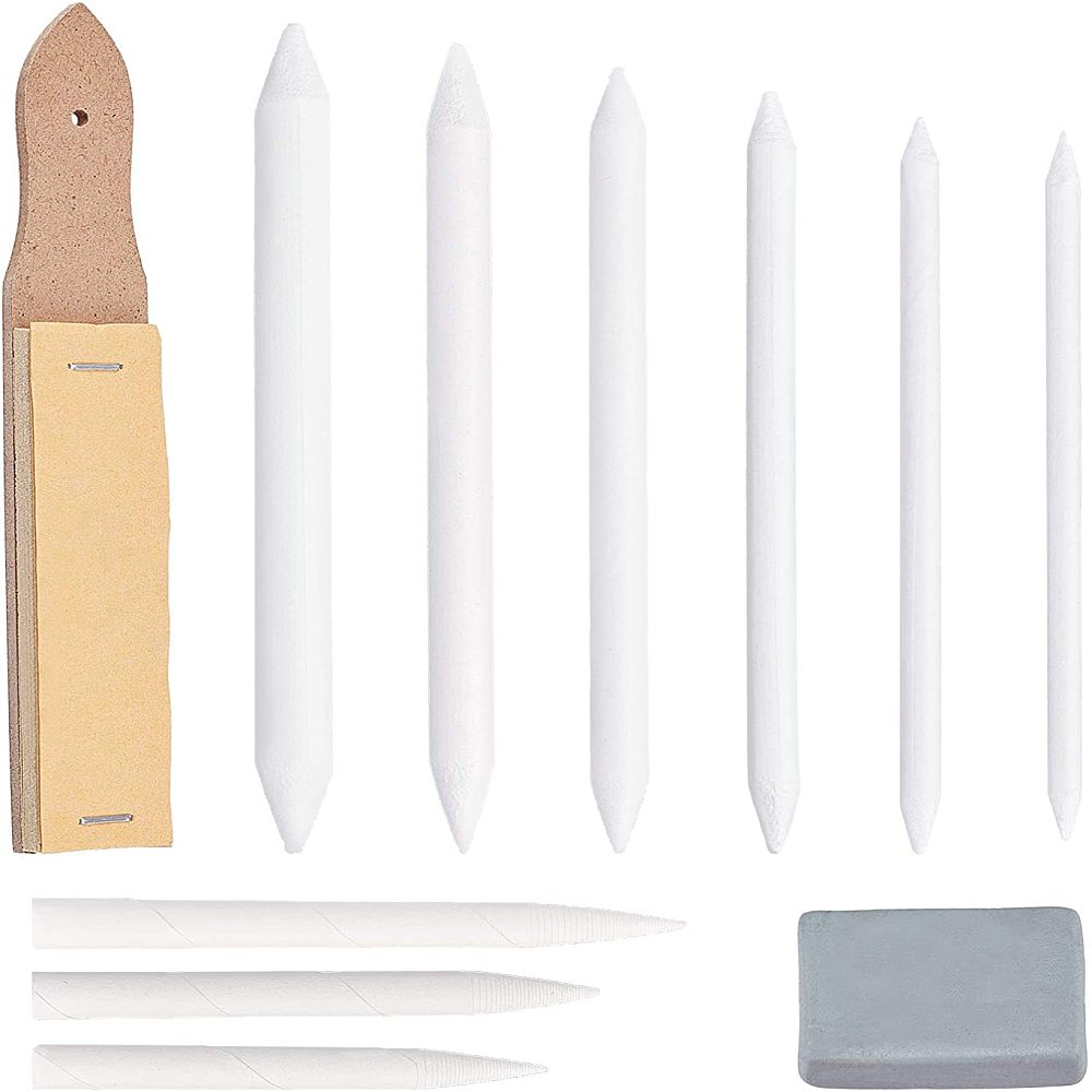 Kit pour fusain : gomme pain de mie, estompes, bloc de taille