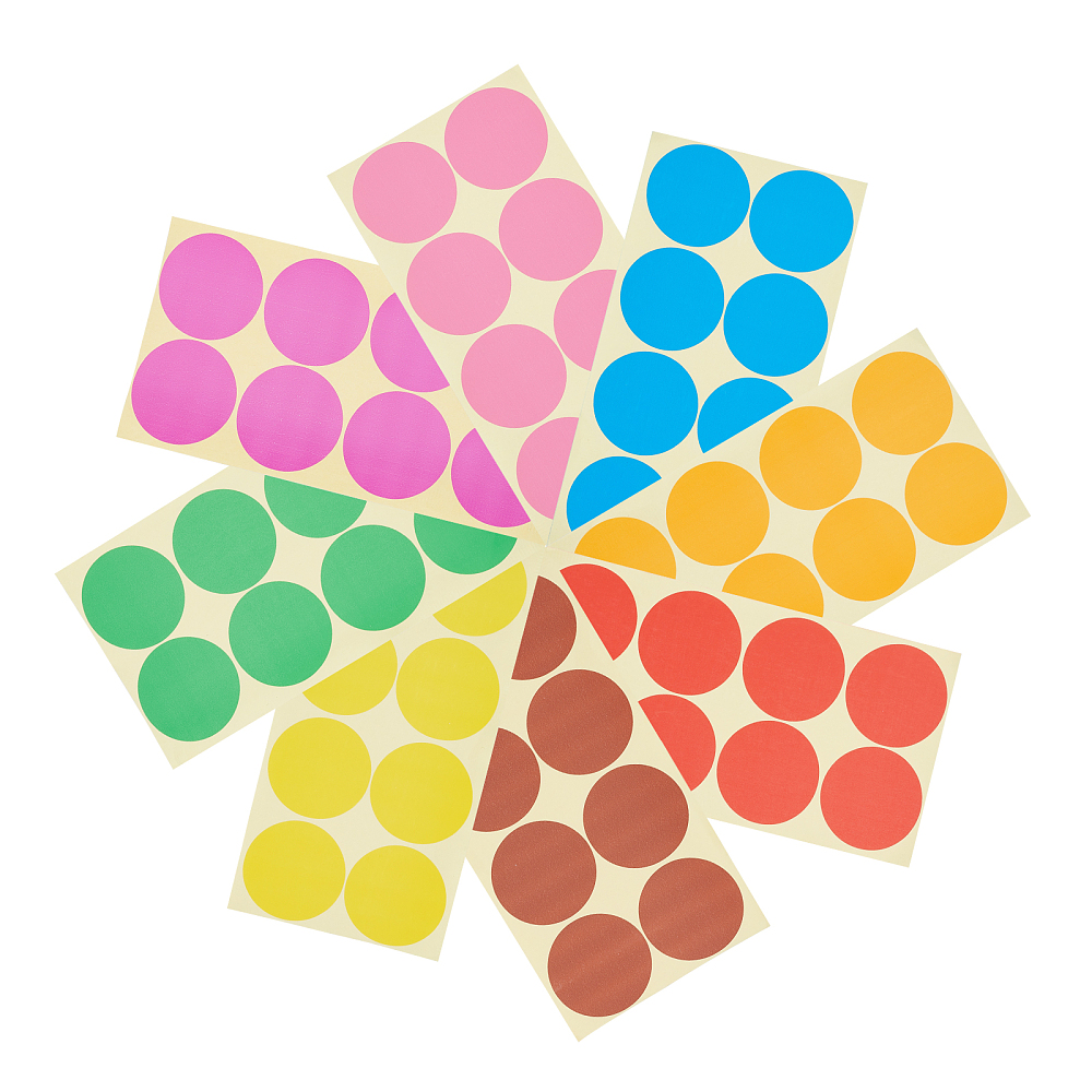 Stickers autocollant ronds, diam 5cm, 8 pièces par feuille, 8 coloris au choix, vendu à la feuille