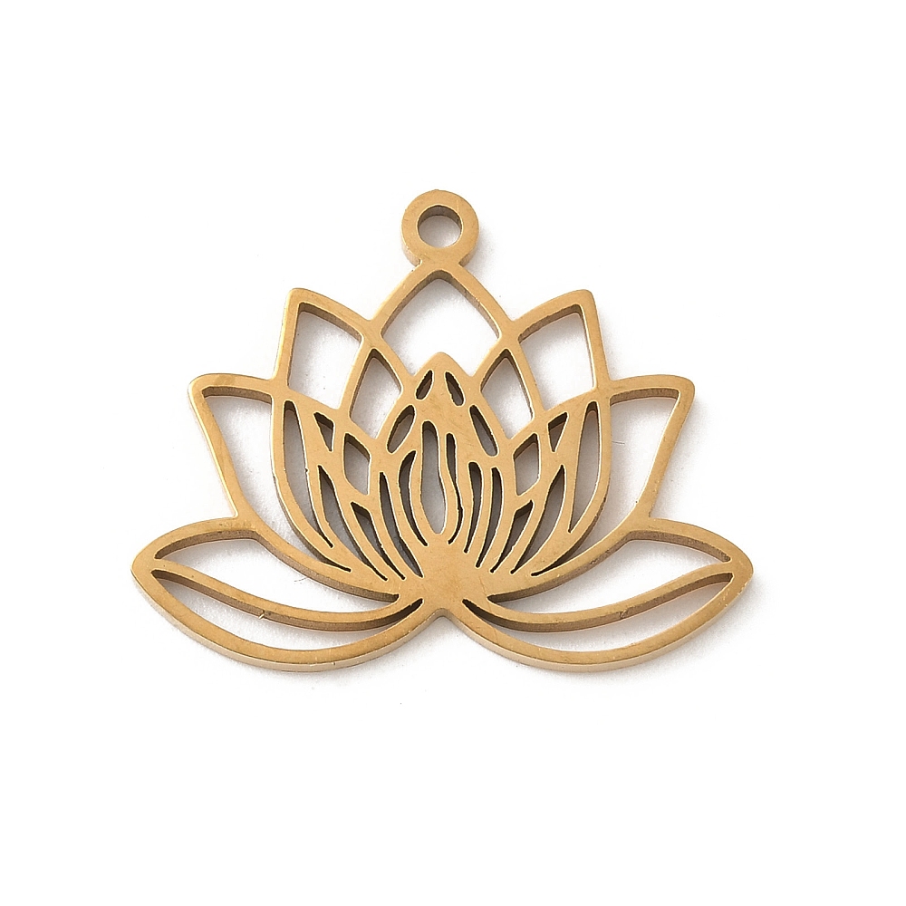 Pendentif, INOX doré, placage ionique, plaqué or 18k, fleur de lotus, 20x25x1,5mm, trou 1,7mm, l'unité