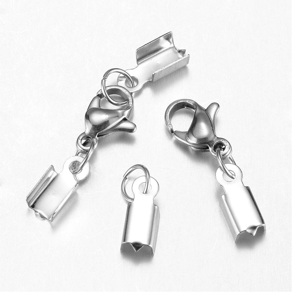 Fermoir homard avec embouts de cordon, INOX, longueur de 34 mm, pour fil de 3mm, unité