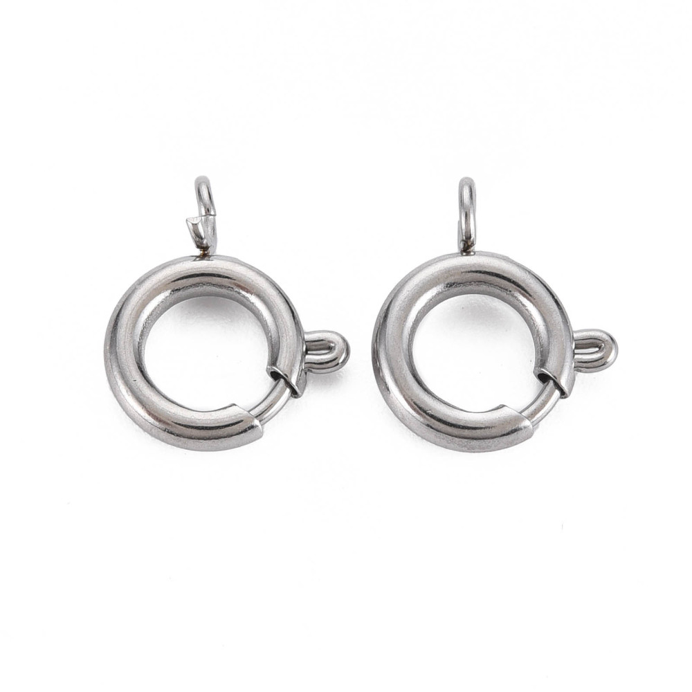 Fermoir à ressort INOX argenté, rond, 14x12x4mm, trou 2mm