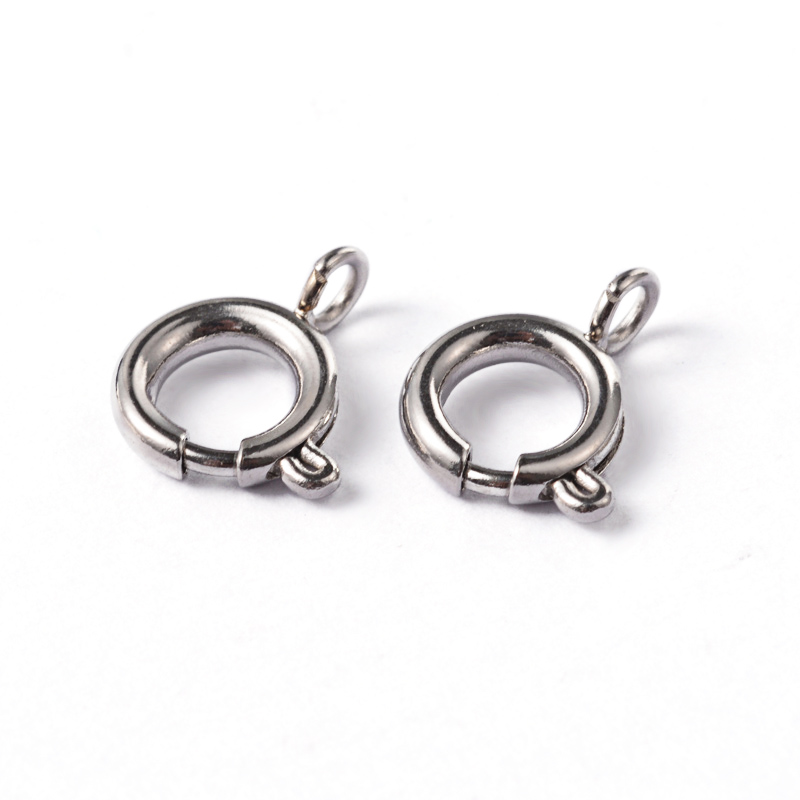 Fermoir à ressort INOX argenté, rond, 8x11x2mm, trou 2mm