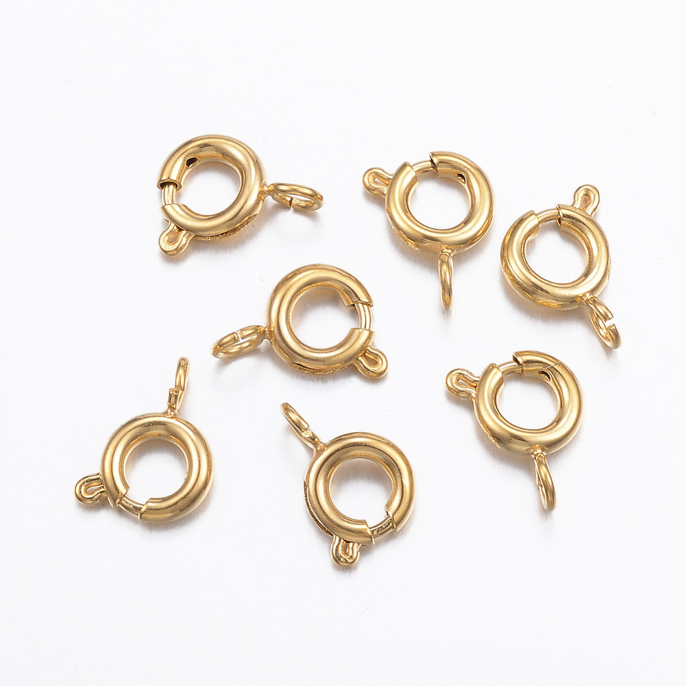 Fermoirs à ressort INOX doré, placage ionique, rond, 6x9x1,8mm, trou 1,7mm, x5 pièces