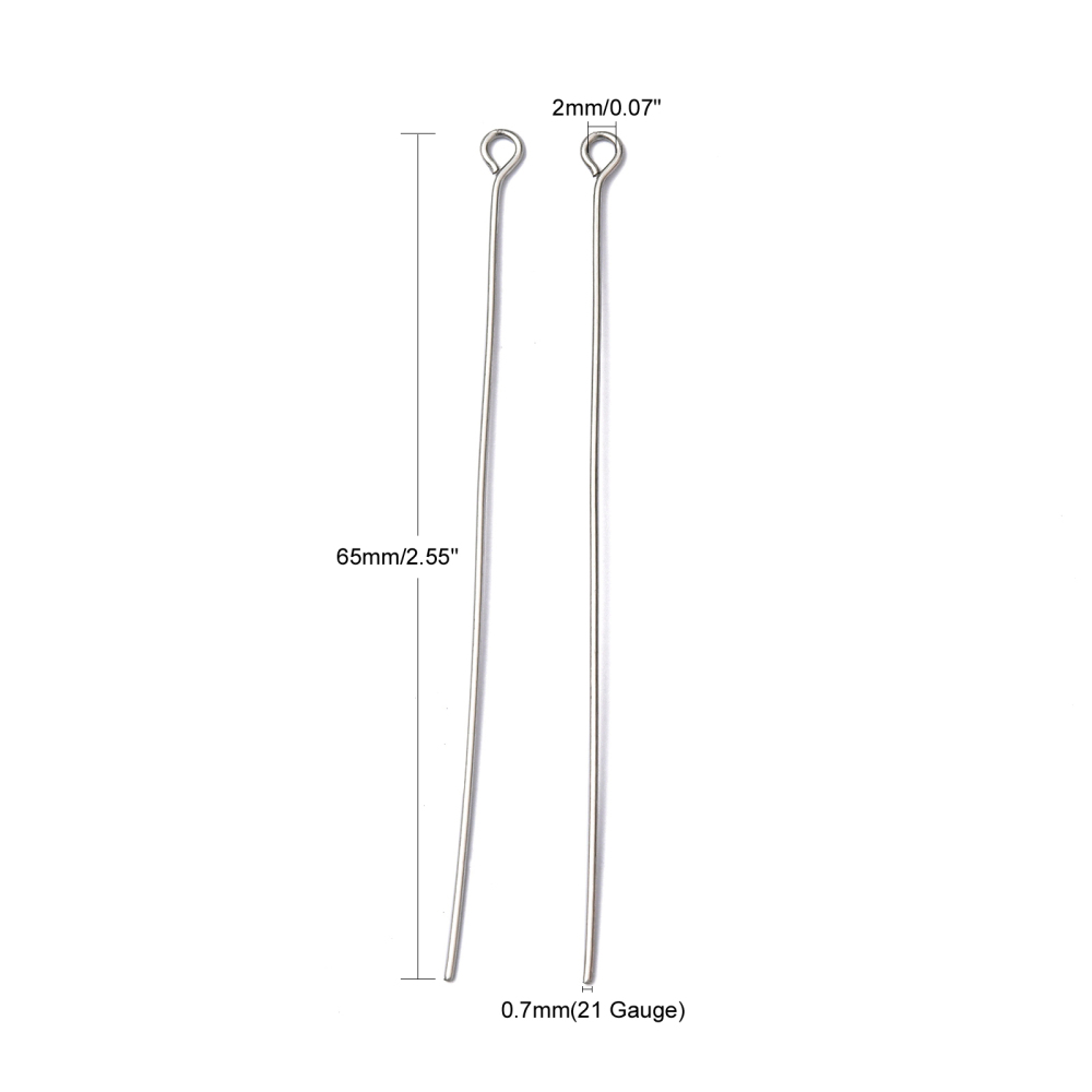 Tige INOX argenté, tête avec boucle, 65x0,7mm, trou 2mm, x 100 pièces