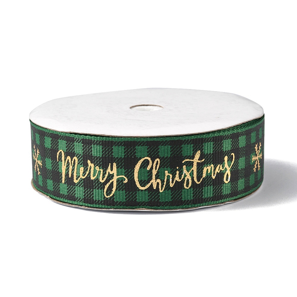 Ruban de tartan lin/polyester, &quot;Merry Christmas&quot;, vert, 25mm, au mètre