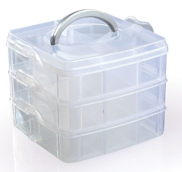 Boîte plastique de rangement empilable, 3 niveaux, 18 compartiments, 15x15x12.5cm