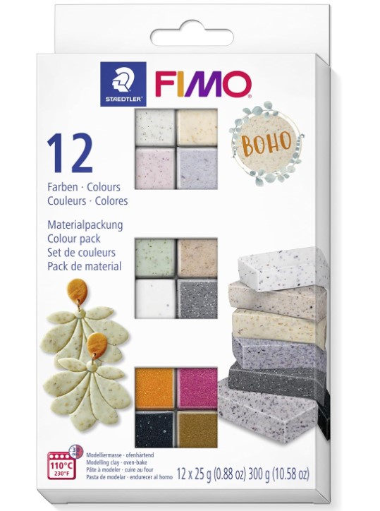 Coffret Fimo effet &quot;Boho&quot; assortis, 12 demi blocs, 12x25gr