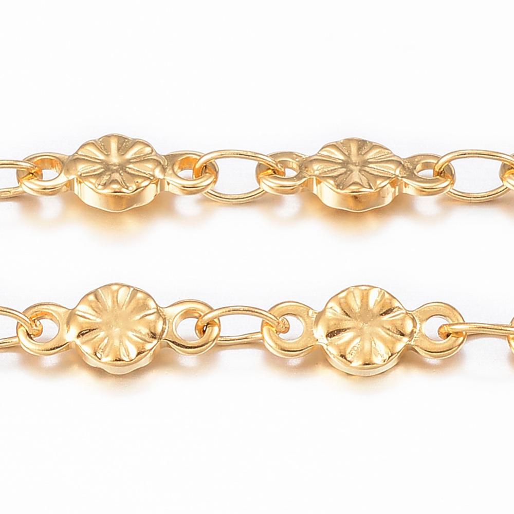 Chaîne en INOX doré, placage ionique, chaîne maillons fleurs, 8.0x3.5x1.2mm au mètre