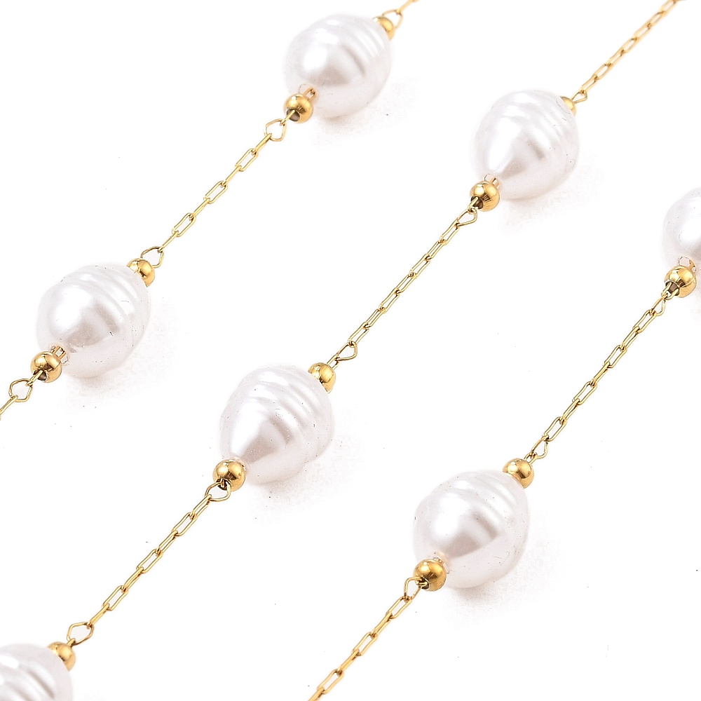Chaîne INOX doré, placage ionique, plaqué or 18k, avec imitation perles d'eau douce, 10x7,5mm, au mètre