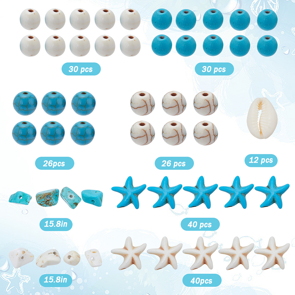 Kit perles howlite, turquoise et coquillages, env. 200 pièces, unité