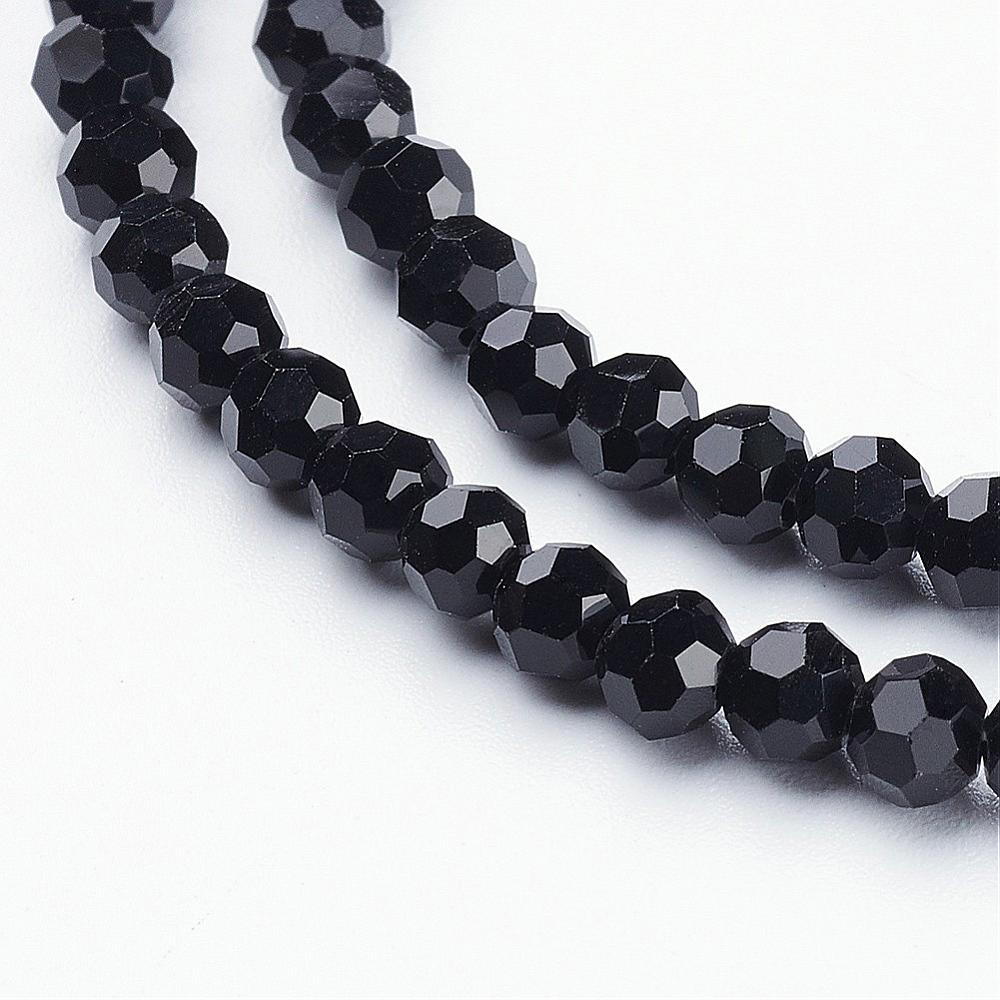 Perle briolette à facette, noire, 4mm, trou 0,5mm, au brin (environ 95 perles)
