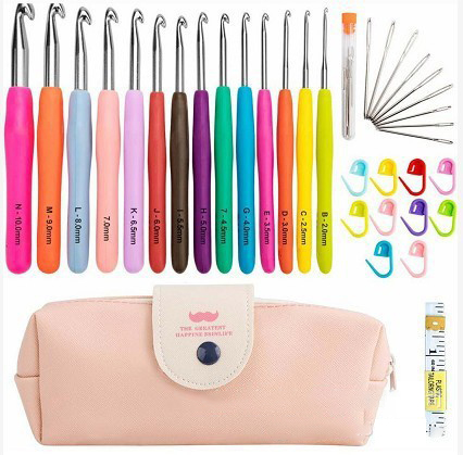 [SENE-PW0003-101D] Kit complet pour le crochet : 14 crochets en aluminium, marqueurs de maille, mètre ruban, aiguilles, sac de rangement