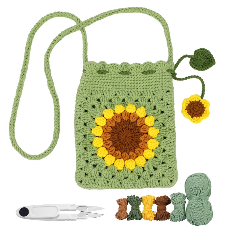 Kit complet pour débutant au crochet, modèle sac de rangement avec fleur de tournesol