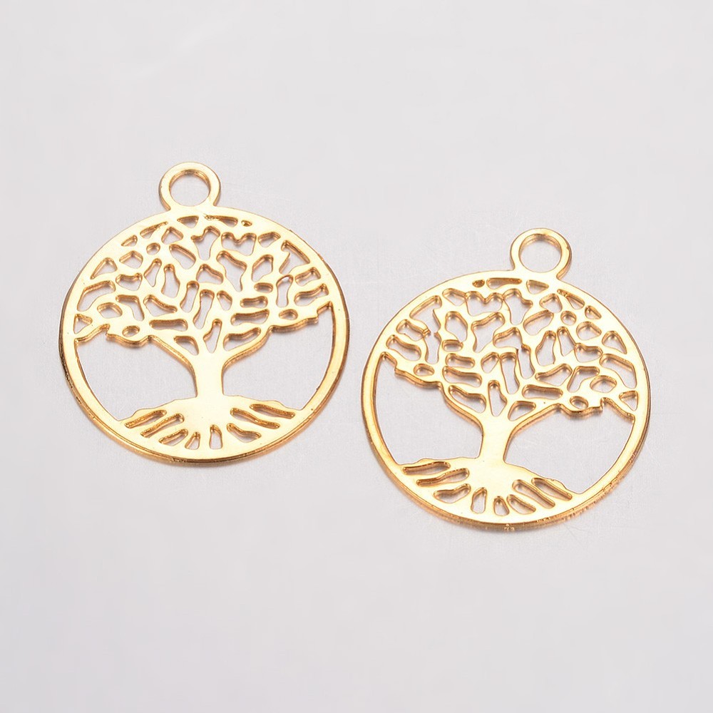 Pendentif en laiton doré, arbre de vie, 23,5x20x0,5mm, trou 3mm
