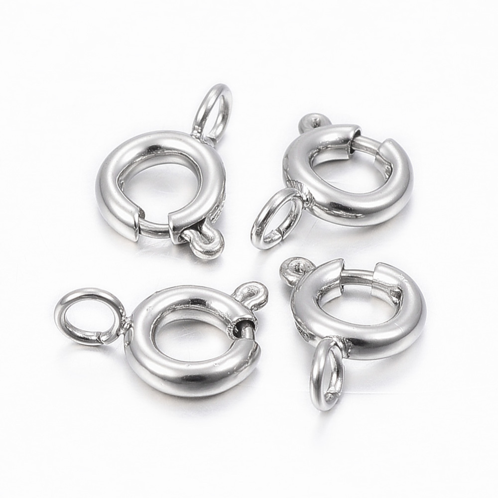 Fermoir à ressort INOX argenté, anneau, 9x6x1,5mm, trou 2mm