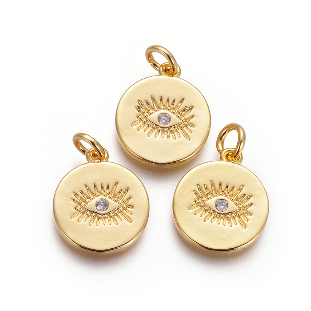 Pendentif en laiton doré, mauvais oeil, zircon et anneau, 15x13x1.5mm, unité