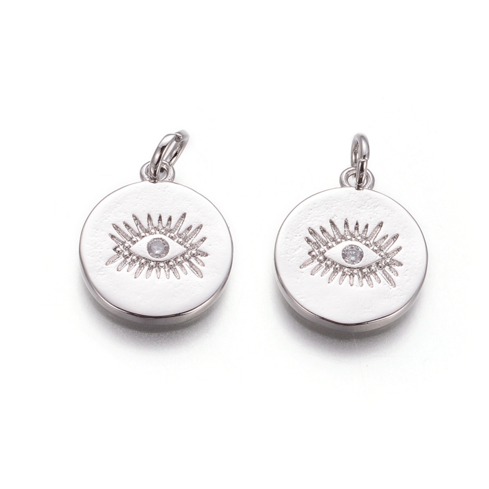 [KK-I656-14P] Pendentif en laiton argenté, mauvais oeil, zircon et anneau, 15x13x1.5mm, unité