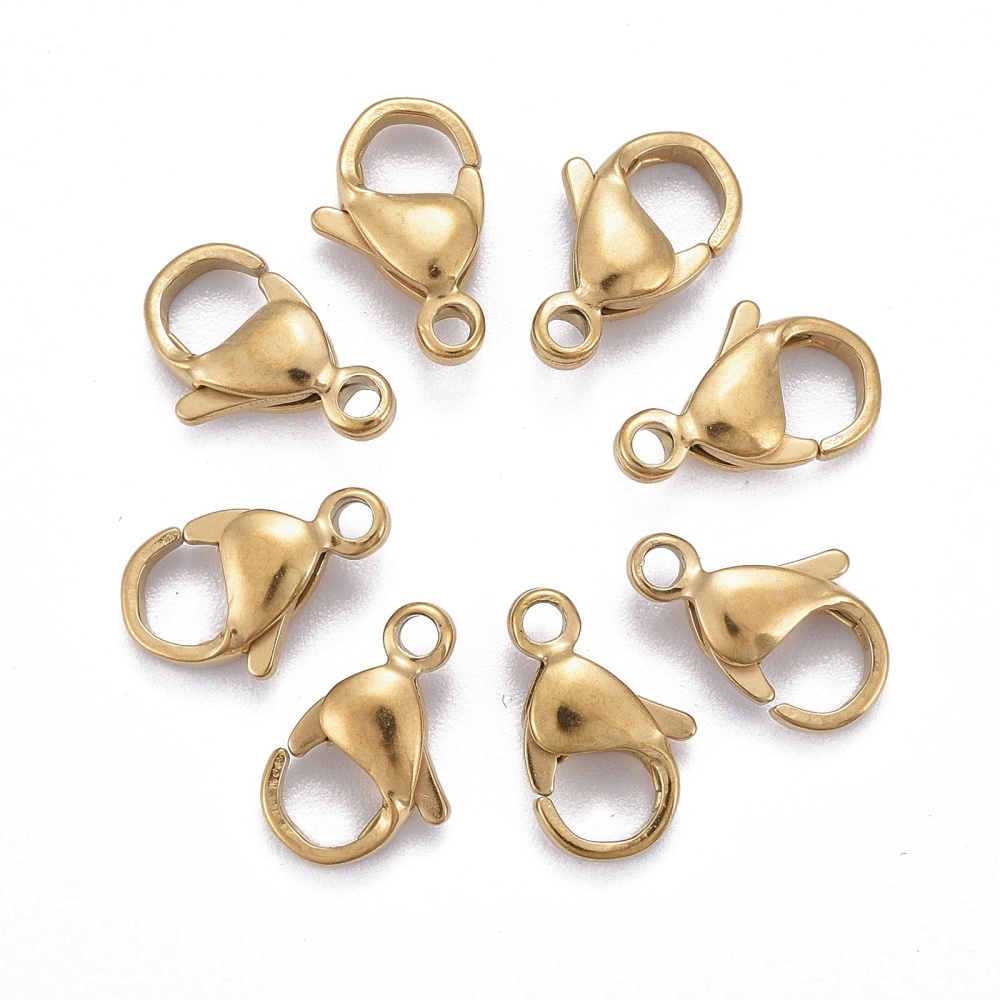Fermoir homard INOX doré, placage ionique, plaqué or 18k, 11x7x3mm, trou 1,5mm, unité