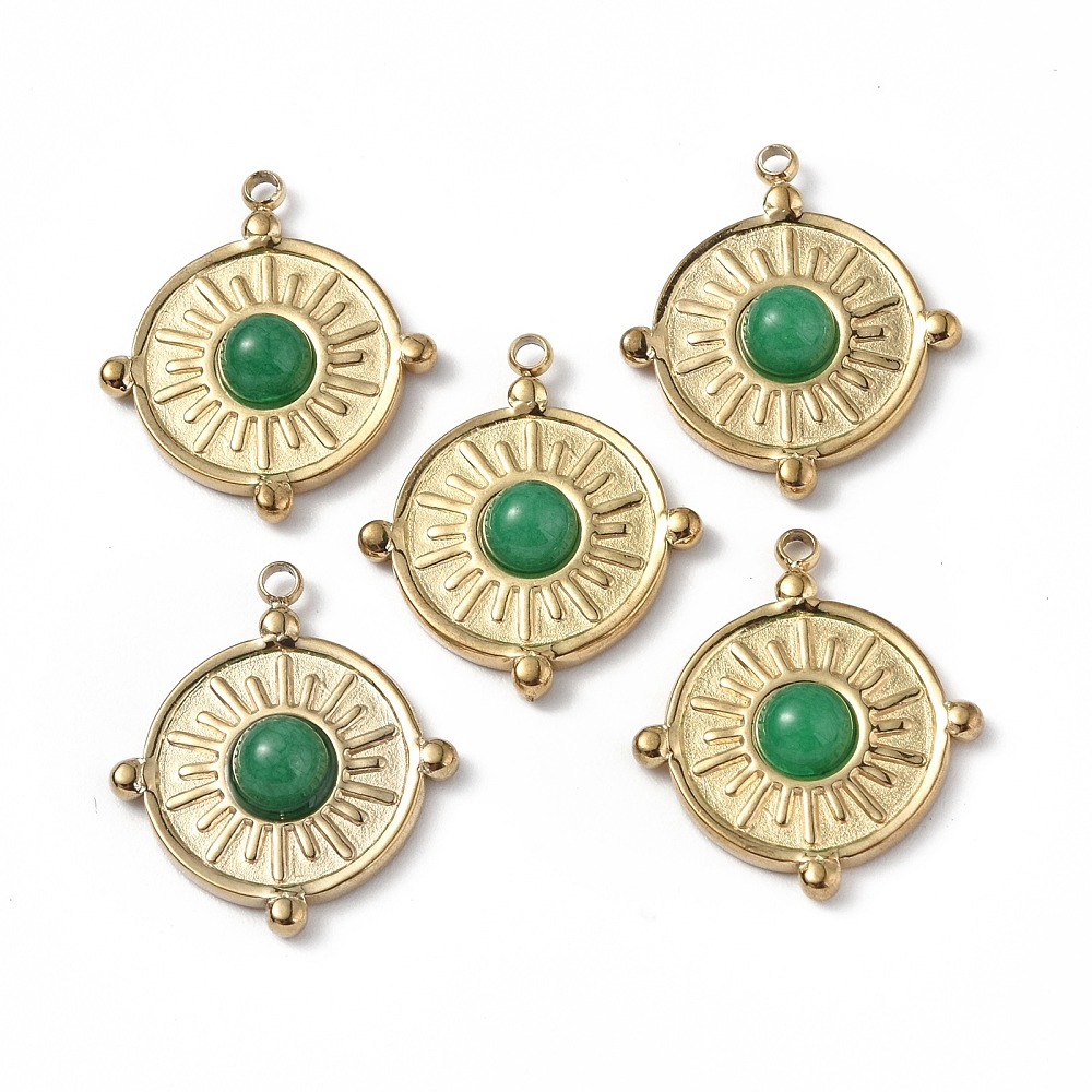 Pendentifs INOX doré, Jade de Malaisie, plat rond, 20.5x18x4mm, trou: 1.2mm, unité