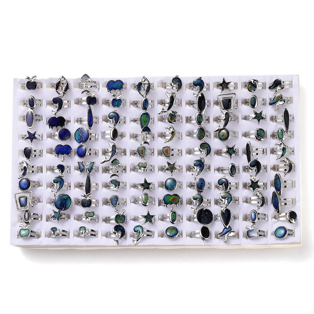 [RJEW-B029-05] Bague d'humeur réglable argenté, platine, change de couleur avec les émotions, à l'unité