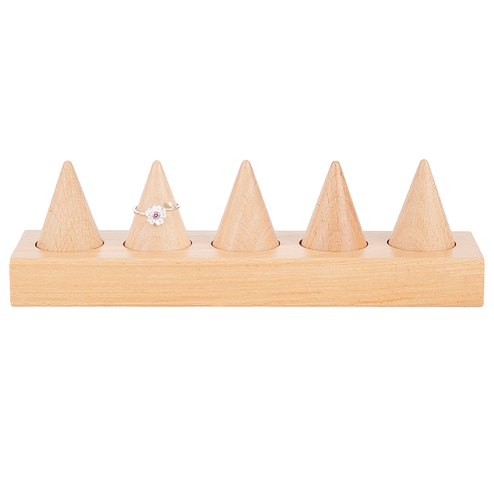 Présentoir de bagues en bois, cône: 3.9x2.9cm, base rectangle : environ 220x50x22mm, unité