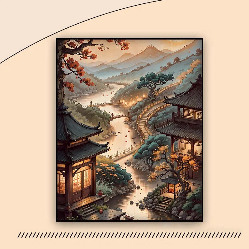 [PW-WG34764-03] Kit complet de diamond painting, 40x30cm, bâtiment de style chinois