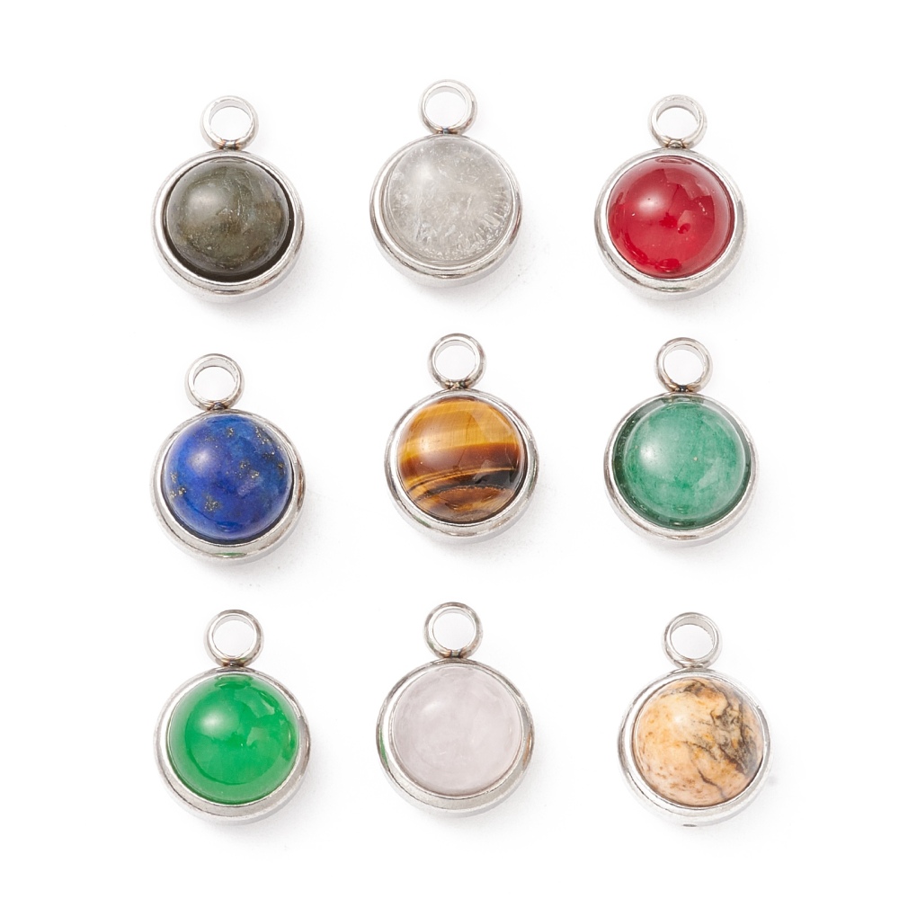 Breloque en INOX doré, pierre naturelle, 13.5x10x7.5mm, (différents modèles), unité