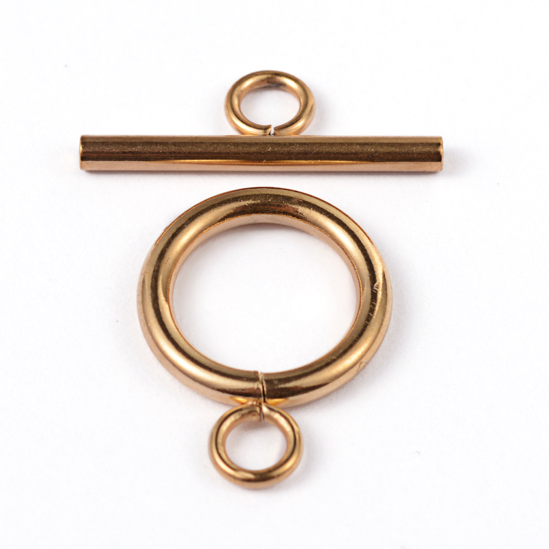 Fermoir toggle, INOX doré, placage ionique, plaqué or 18k, anneau: 16x12x2mm, barre: 18x7x2mm, trou 3mm