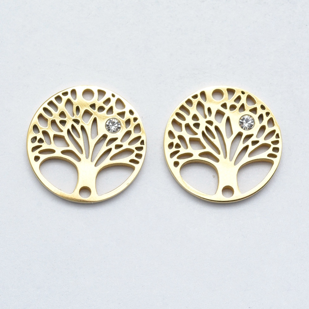 Estampe INOX doré, arbre de vie avec zircone, 15x2mm, trou 1mm