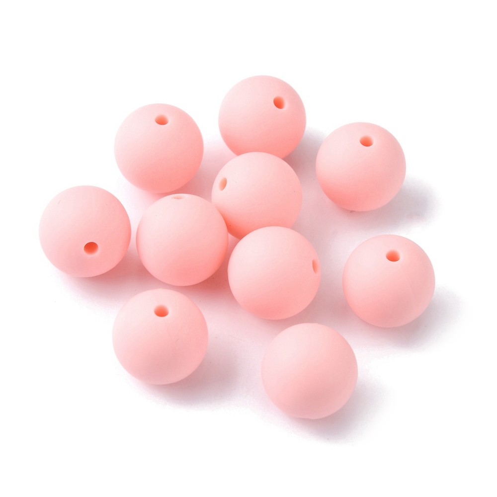 Perle en silicone pour attache tétine, ronde lisse, rose, diam 15mm, trou 2mm x100unités