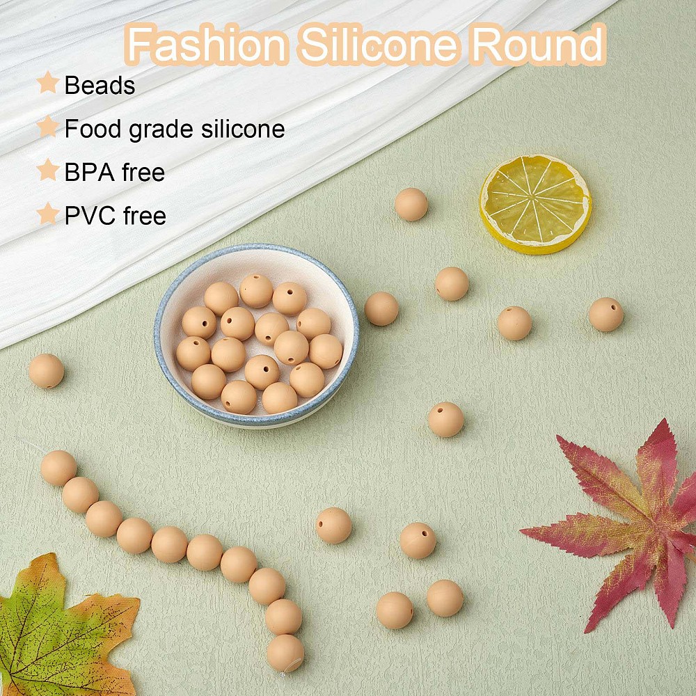 Perle en silicone pour attache tétine, ronde lisse, beige, diam 15mm, trou 2mm x100unités