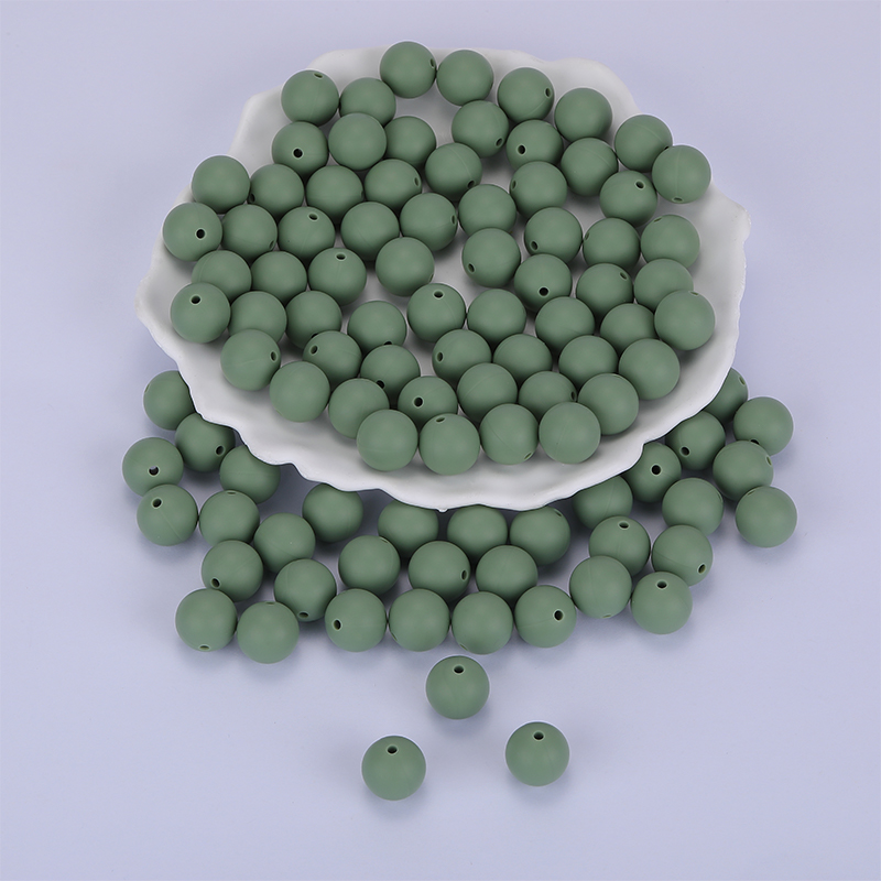 [SI-JX0046A-104] Perle en silicone pour attache tétine, ronde lisse, kaki, diam 15mm, trou 2mm x 100 unités