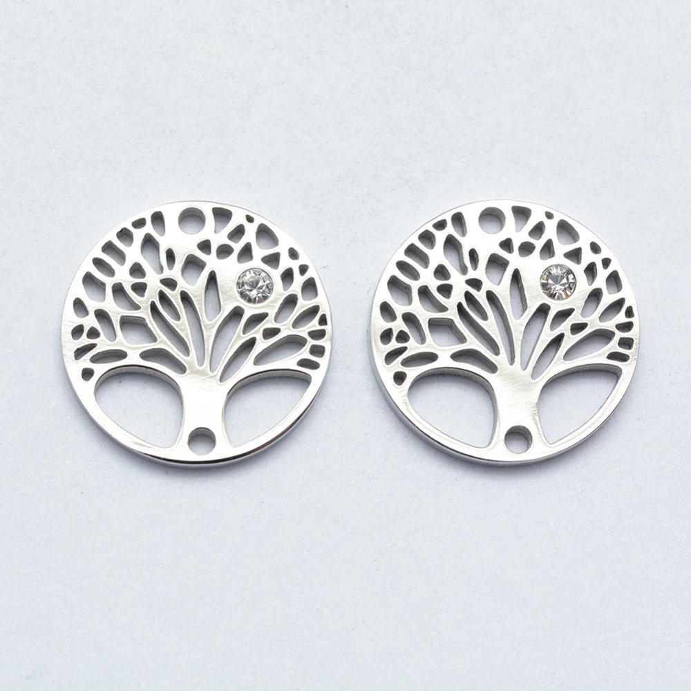 Estampe INOX argenté, arbre de vie avec zircone, 15x2mm, trou 1mm