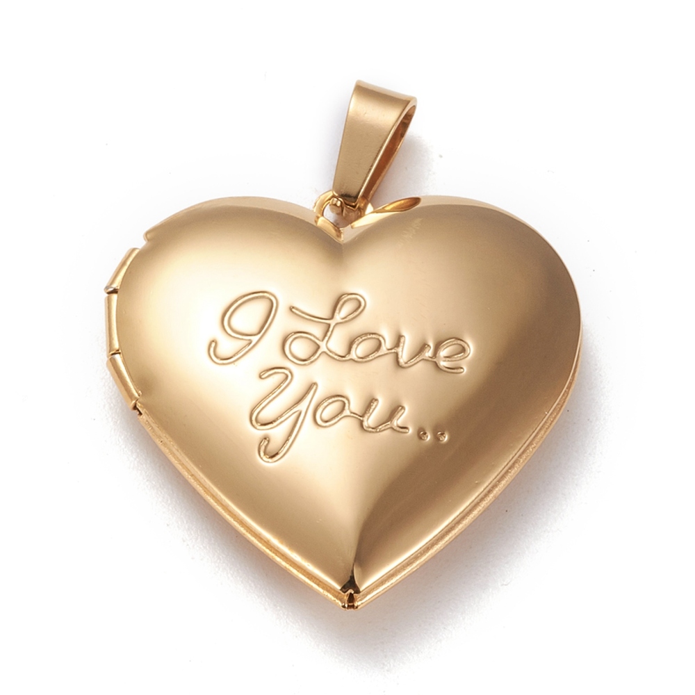 Pendentif INOX doré, placage ionique, plaqué or 18k, coeur avec la phrase "I love you" avec cadre photo, 29x29x7mm, trou 7x3mm