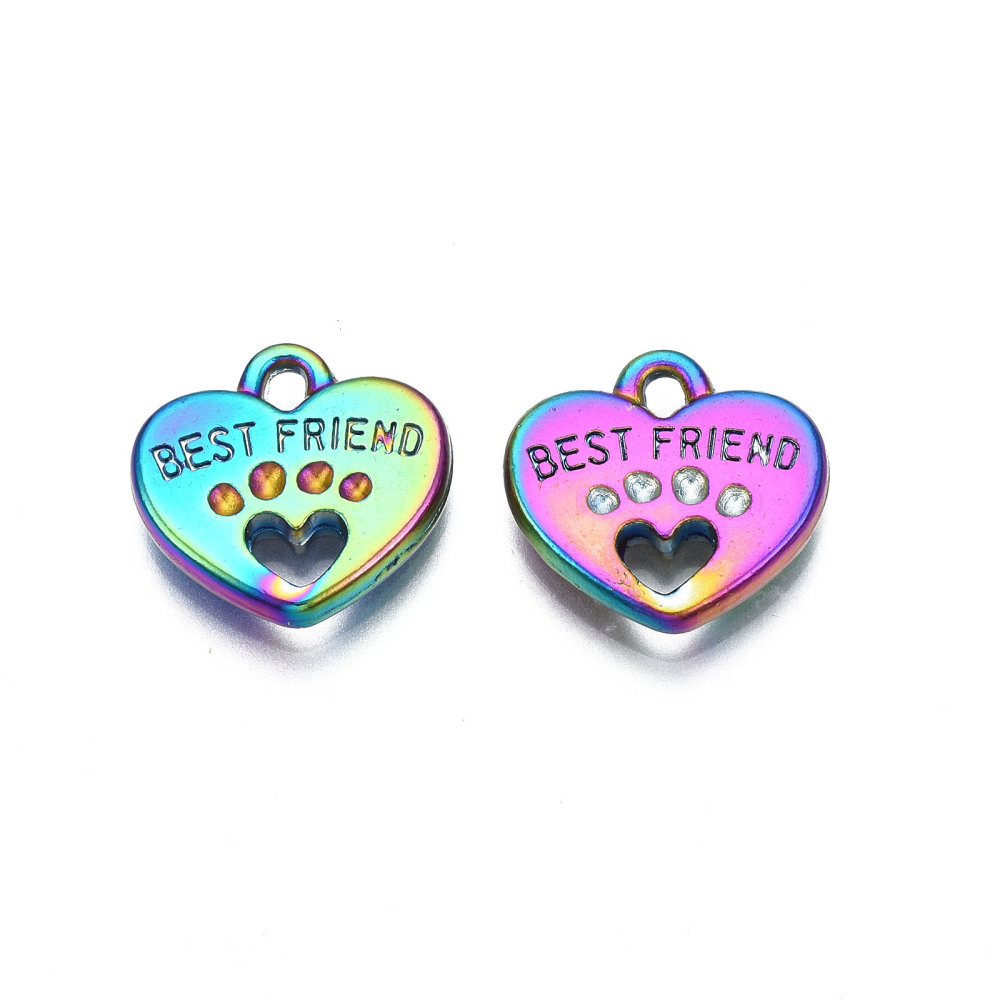 [PALLOY-S180-375M] Pendentif en alliage, couleur arc-en-ciel, coeur avec la phrase "Best friend", convient pour strass de 1,2mm, 14,5x15x3mm, trou 1,8mm