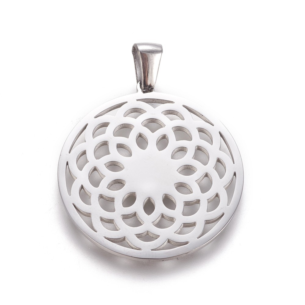 Pendentif INOX argenté, fleur, 30x27,5x1,2mm, belière 2,5x5,5mm