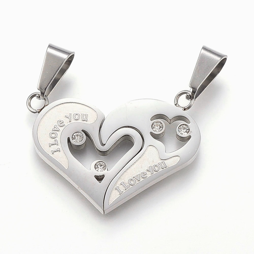 Pendentifs INOX argentés, coeurs, avec la phrase "I love you", 23x30x2mm, trou 5x10mm