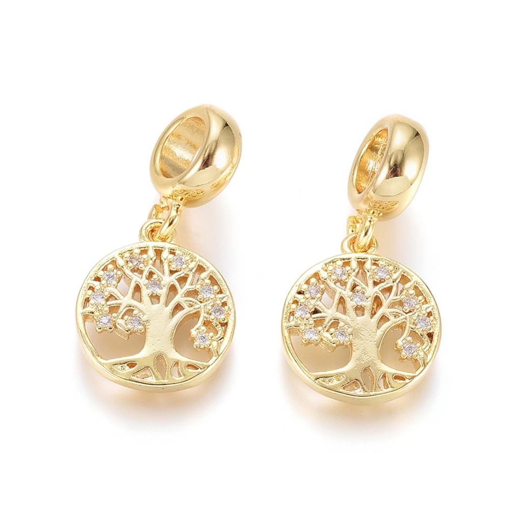 Pendentif en laiton doré, arbre de vie avec des zircones, diam 23mm, trou 5mm, bélière 14x12x2mm