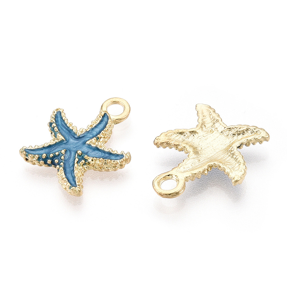 Pendentif en laiton, étoile de mer dorée et bleue, 17.5x14.5x2.5mm, Trou: 2mm, unité