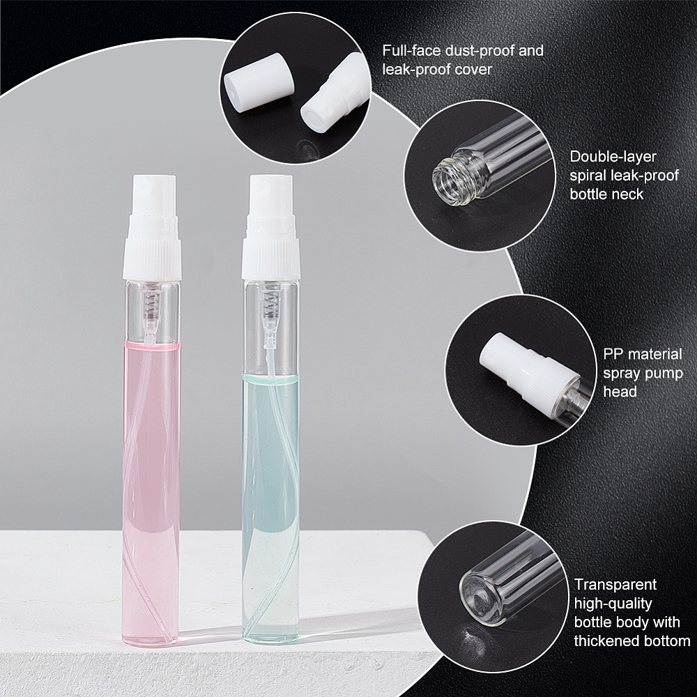 Flacon d'échantillon de parfum rechargeable en verre, avec bouchons en plastique, clair, 1.4x11.6 cm, capacité: 10 ml, unité