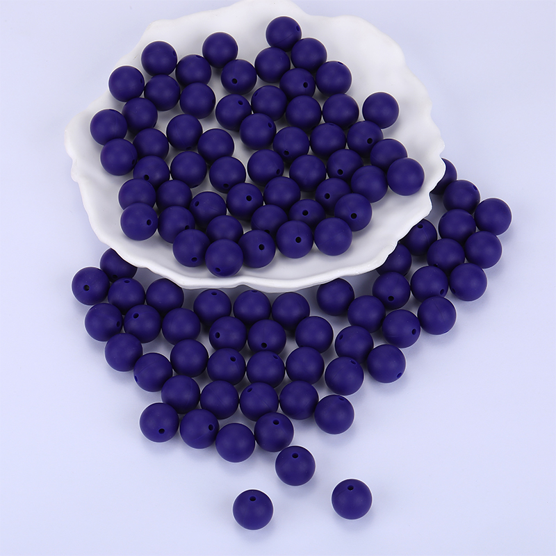 Perle en silicone pour attache tétine, ronde lisse, bleu foncé, diam 15mm, trou 2mm x 100 unités