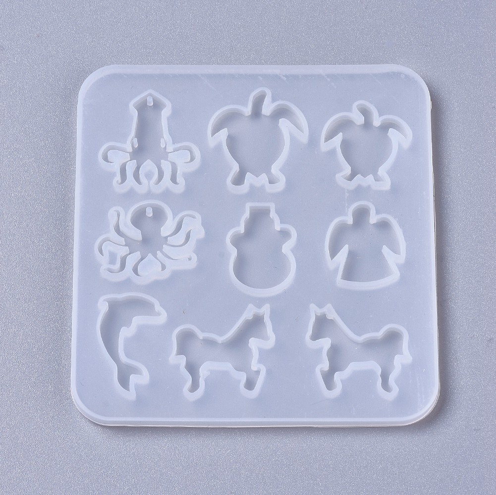 [DIY-F041-03A] Moule en silicone, poulpe & tortue & ange & dauphin & cheval, 95x90x4mm, trou 1,3mm, l'unité