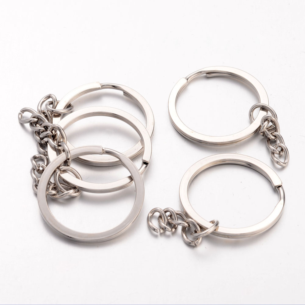 Anneau double porte clé + chainette, argenté, rond, diam 30mm x 2mm, unité