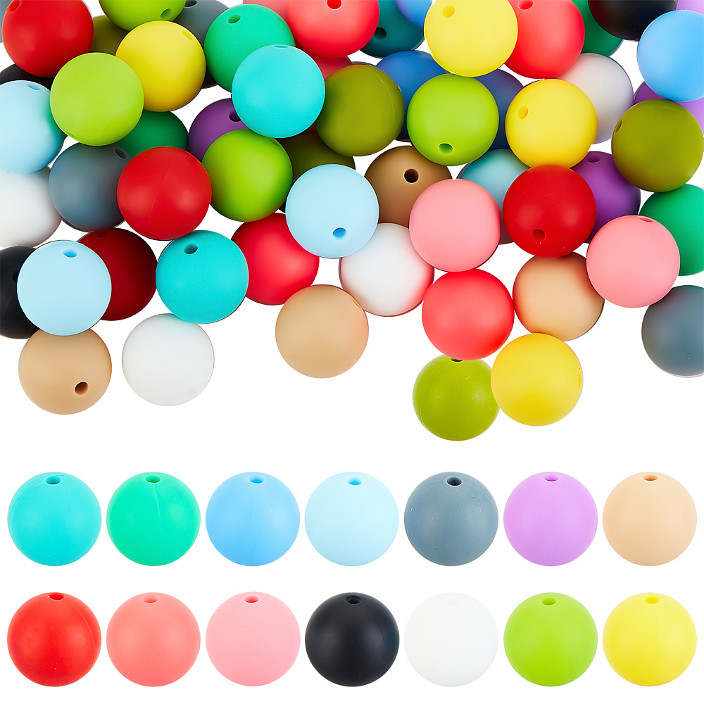 Perle en silicone pour attache tétine, ronde lisse, multicolore, diam 15mm, trou 2mm