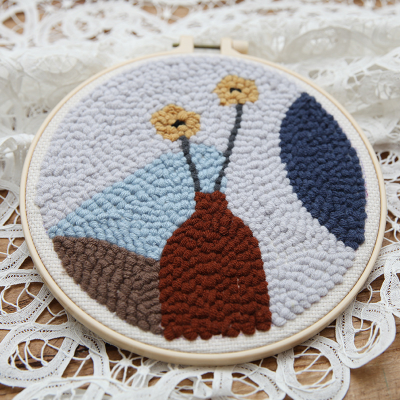 Kit complet de broderie punch needle, motif de vase : avec cercle, tissu avec patron, fils, aiguilles, diam 20cm